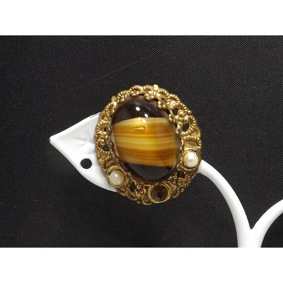 West Germany Art Glass Clip Earrings, Filigree Background, 1950s Vintage Jewelry - Picture 5 of 10